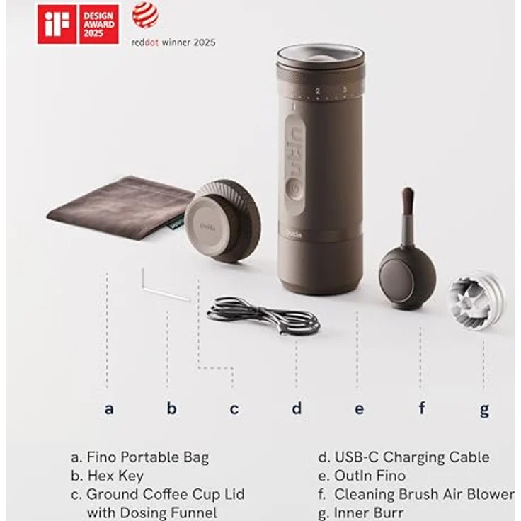 OutIn Fino Tragbare Elektrische Kaffeemühle, 28 Mahlstufen, 7-Stern-Edelstahlkonus, Ein-Knopf-Bedienung, Schnellladung für Reise & Haushalt, 690g – Bild 2