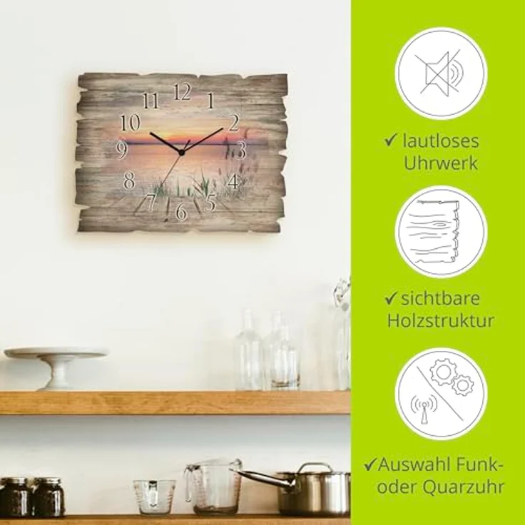 ARTLAND Wanduhr ohne Tickgeräusche aus Holz Quarzuhr 40x30 cm Rechteckig LautlosSee Steg Landschaft Sonnenuntergang Sonne Ländlich T9QD – Bild 2