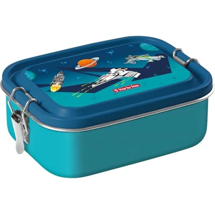 Step by Step Edelstahl-Lunchbox „Starship“, 0,8 Liter, BPA-frei mit herausnehmbarer Trennwand und Clip-Verschluss, blau – Bild 1