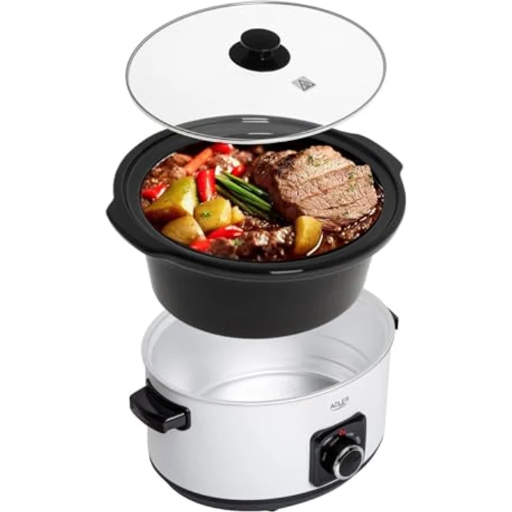 Adler ADLER Slow Cooker 5,8L, 290W Leistung, Keramische Schale, Edelstahlgehäuse, Glasdeckel – Bild 3