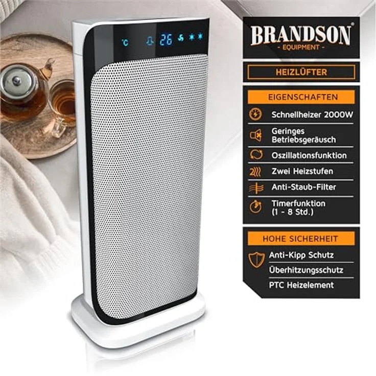 Brandson Keramik-Heizlüfter 2000 Watt, energiesparend mit Fernbedienung und Oszillationsfunktion, weiß/schwarz, GS zertifiziert – Bild 2