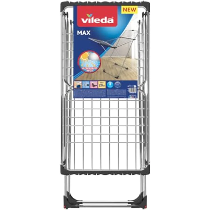 Vileda Max Wäscheständer, Edelstahl mit klappbarem Aluminiumgitter, Anti-Falten-Drähte, für Innen und Außen, mit integrierten Rädern – Bild 2