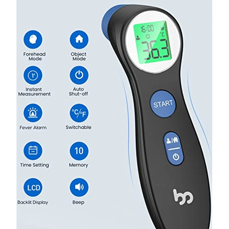 Fieberthermometer für Babys, Kinder und Erwachsene, kontaktloses Stirnthermometer Infrarot Thermometer mit sofortiger genauer Ablesung, Fieberalarm, Schwarz, Lcd – Bild 2