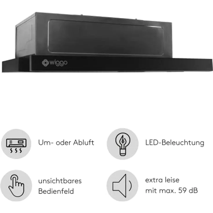 Wiggo Dunstabzugshaube 60cm WE-632R schwarz I Flachschirmhaube für Abluft oder Umluft Dunstabzug 300m³/h mit LED-Beleuchtung I Einbau-Dunstabzugshaube inkl. Fettfilter & 2× Kohlefilter – Bild 2