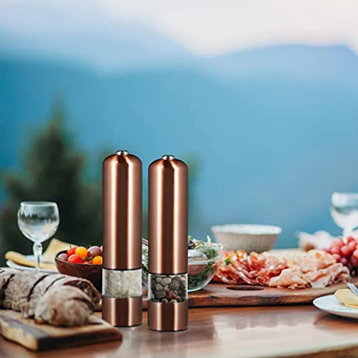 2 x elektrische Pfeffermühle im Set, Gewürzmühle oder Salzmühle, mit Keramikmahlwerk batteriebetrieben, mit Licht, nachfüllbar, bronze – Bild 5