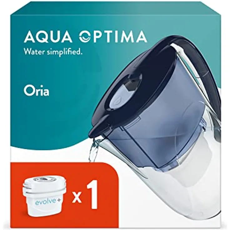 Aqua Optima Oria Wasserfilterkanne & 1 x 30 Tage Evolve+ Wasserfilterkartusche, 2,8 Liter Fassungsvermögen, zur Reduzierung von Mikroplastik, Chlor, Kalk und Verunreinigungen, Blau
