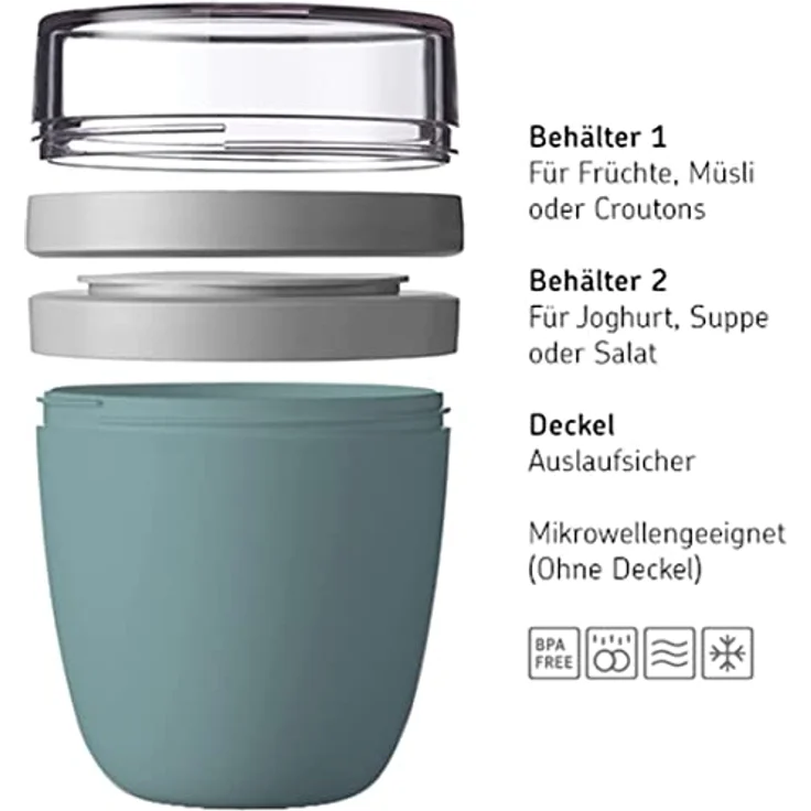 Mepal Lunchpot Ellipse Duo Pack - Praktischer Müslibecher, Joghurtbecher, To Go Becher - Geeignet für Tiefkühler, Mikrowelle & Spülmachine - 300 & 500 ml - Old Nordic Blue – Bild 4