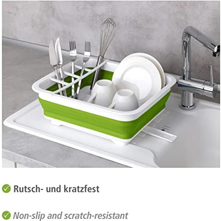 Wenko Geschirrabtropfer Gaia faltbar, zusammenfaltbarer Geschirr Abtropfständer für die Küche, Abtropfgestell mit Besteck-Halter und Tellerständer, Kunststoff, 36,5 x 13 x 31 cm, Grün-weiß – Bild 3
