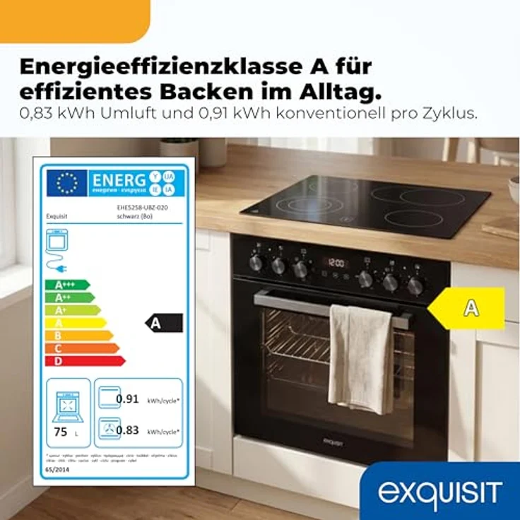 Exquisit EHE5258-UBZ-020 Herd-Set schwarz | Einbauherd mit Umluft & Grill, 75 l, Energieklasse A, 4 Strahlungskochzonen inkl. Bräterzone, Timer, 8550 W – Bild 2