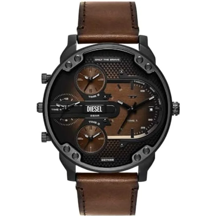 DIESEL Herren Analog Quarz Uhr DZ7492, schwarzes Edelstahlgehäuse, braunes Lederarmband, 54mm, kratzfestes Mineralglas, Wasserbeständig bis 30m