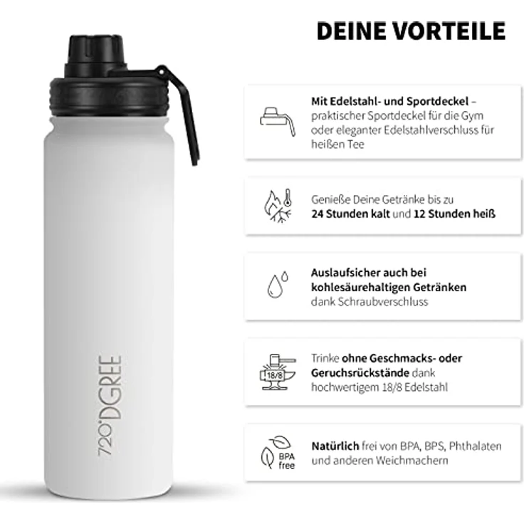 Trinkflasche Doppelwandig Edelstahl 710ml Isolierflasche m. Gratis Sportdeckel 720 DGREE noLimit snow white – Bild 2