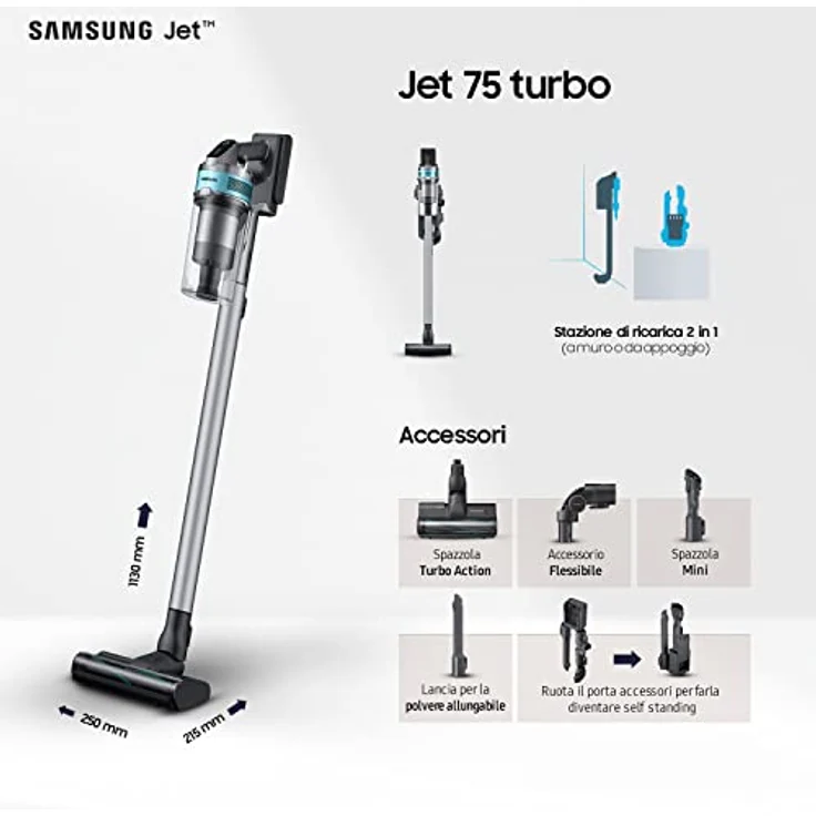 Samsung mit HEPA Filter Aspirazione VS20T7531T1/ET, Samsung Jet 75 Turbo, Silber Schwarz, 4 accessori – Bild 2