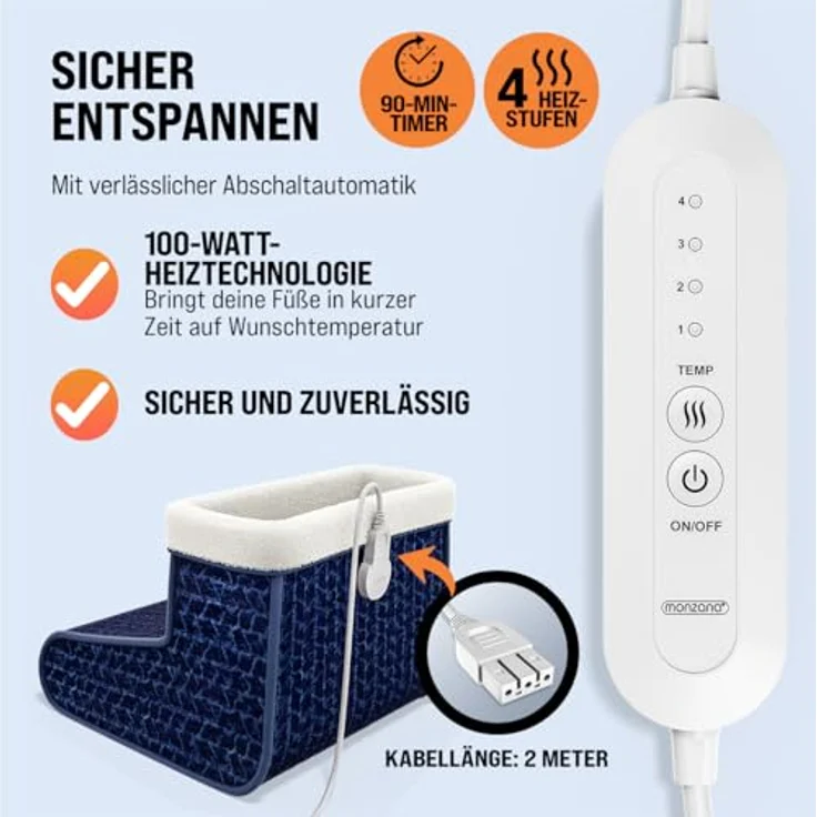 MONZANA® elektrischer Fußwärmer 4 Heizstufen 90min Timer Größe 46,5 Fußheizung Wärmeschuh Überhitzungsschutz waschbar blau – Bild 5