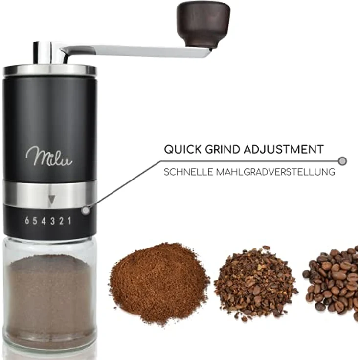 Milu Manuelle Kaffeemühle Handkaffeemühle mit Keramik Mahlwerk I 6 Stufen Mahlgradeinstellung I Espressomühle I – mit Löffel & Bürste (Schwarz) – Bild 2