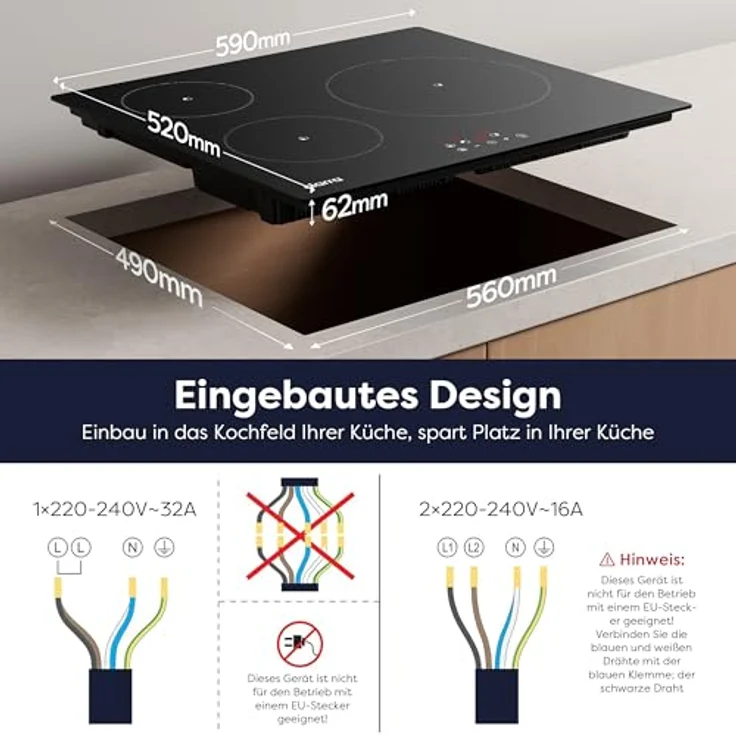CIARRA CABBIH3-F Induktionskochfeld 60 cm, Einbaukochfeld mit 3 Platten, Touch-Bedienung, 9 Leistungsstufen, Timer, abschaltautomatisch, Restwärmeanzeige, Kindersicherung – Bild 2