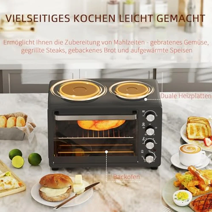 HOMCOM Minibackofen 28 L 2600W Mini Backofen mit 2 Warmhalteplatten, Timer, Pizzaofen Schwarz – Bild 3
