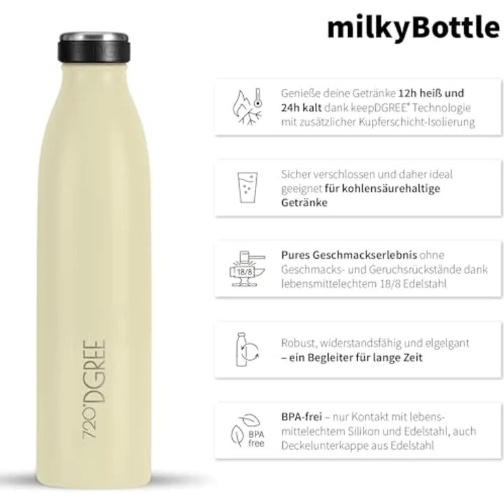720°DGREE Trinkflasche Doppelwandig Edelstahl 500ml Isolierflasche milkyBottle soft cream matt – Bild 2