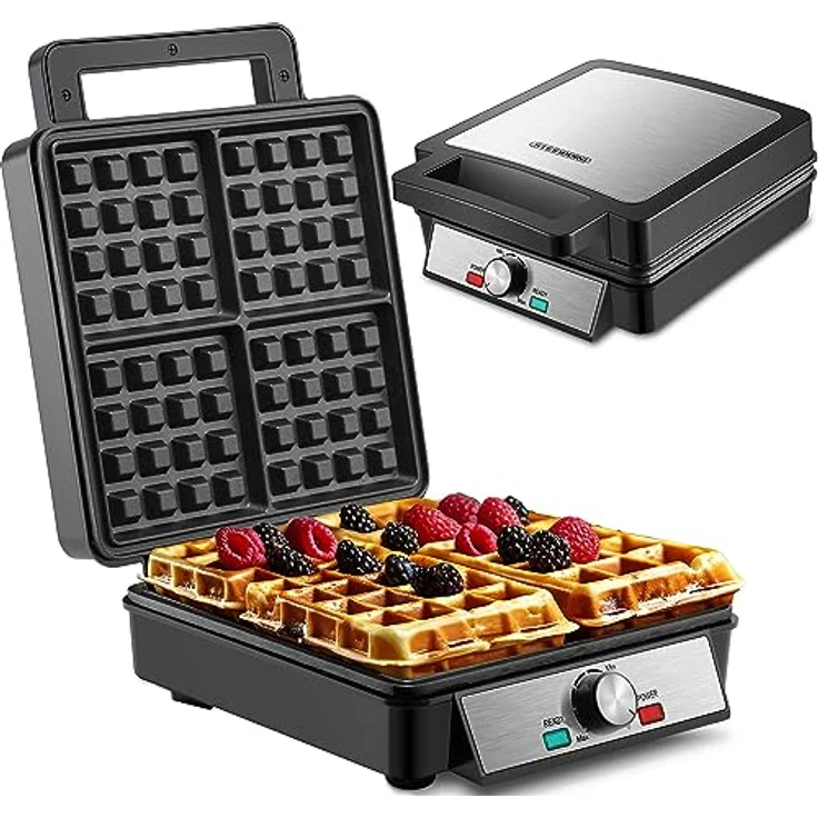 Steinborg XXL 4er Waffeleisen | 1200 Watt | Cool-Touch-Technologie | Antihaftbeschichtung | Rutschbeständige Füße | Horizontale oder vertikale Lagerung | Waffelautomat | Paninigrill | Waffeltoaster | Waffle Maker | Elektrogrill | Waffelform | Rot – Bild 1
