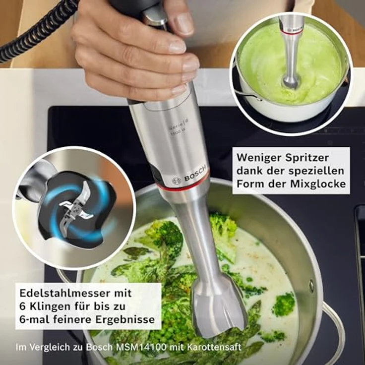 BOSCH Stabmixer ErgoMaster Serie 8, MSM8M930, 1500 W, Edelstahl, 6 Klingen, Spiralkabel, Zerkleinerer, luftgekühlter Motor, Mixbecher – Bild 7