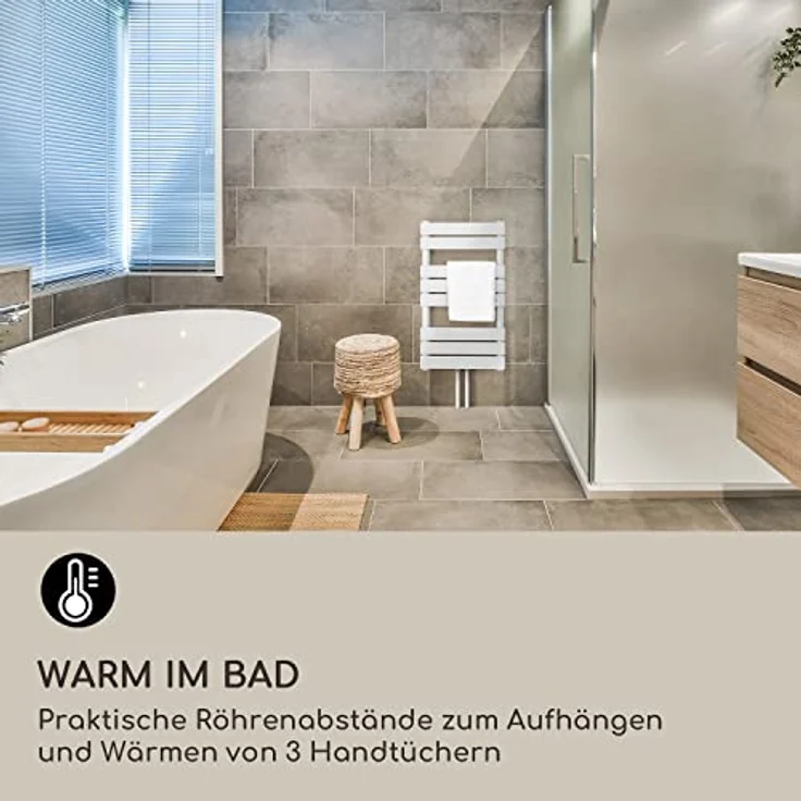 Blumfeldt Badheizkörper, Design Heizkörper Flach, 355 W Vertikal Heizkörper mit Thermostat, für Badezimmer & Wohnzimmer, Weiß – Bild 2