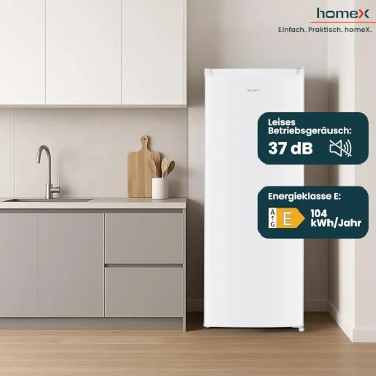 homeX CS2422E-W Kühlschrank ohne Gefrierfach, 242 Liter Nutzinhalt, freistehend, 143 cm hoch, weiß, leise mit LED-Beleuchtung – Bild 5