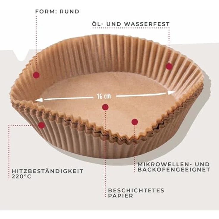 FACKELMANN Backpapier für Heißluftfritteuse, rund 16 cm, 40-teilig, öl- und wasserfest, hitzebeständig bis 220°C, mikrowellen- und backofengeeignet – Bild 3