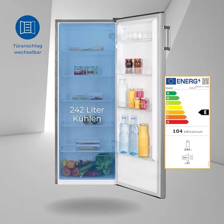 Exquisit Vollraumkühlschrank KS5320-V-H-010E inoxlook | 242 l Nutzinhalt | LED-Beleuchtung | 5 Glasablagen | Ohne Gefrierfach – Bild 2