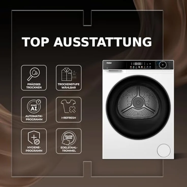 Haier HD90-C637, Wärmepumpentrockner 9kg mit AI Power Inverter Motor, Automatik- & Hygiene-Programm, 3 Trocknungsstufen, XL Schontrommel – Bild 3
