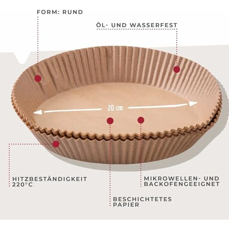 Fackelmann Backpapier für Heißluftfritteuse, 20 x 20 cm rund, 40-teilig, öl- und wasserfest, hitzebeständig bis 220 °C, mikrowellen- und backofengeeignet – Bild 2