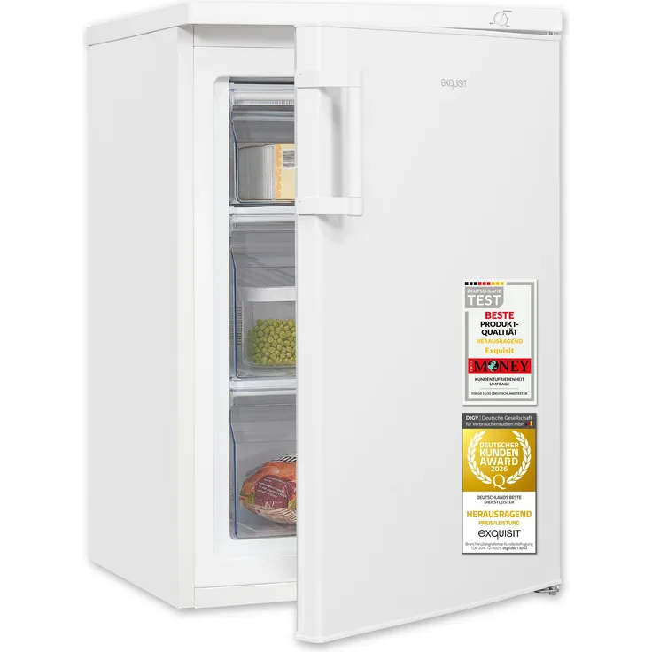 Exquisit Gefrierschrank GS581-H-010E, 4-Sterne-Gefrierteil mit 85 l Nutzinhalt, 3 Gefrierschubladen, weiß, 84,5 cm Höhe