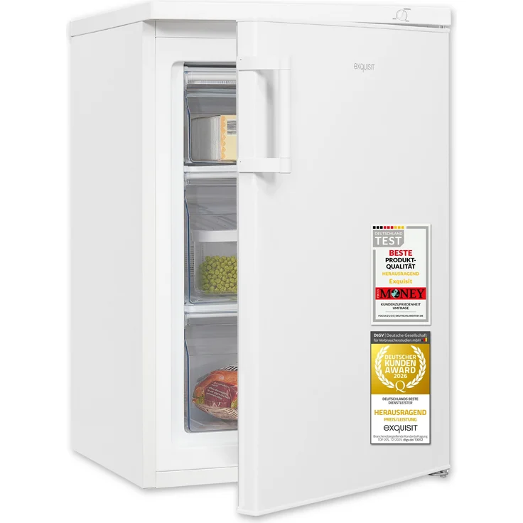Exquisit Gefrierschrank GS581-H-010E, 4-Sterne-Gefrierteil mit 85 l Nutzinhalt, 3 Gefrierschubladen, weiß, 84,5 cm Höhe