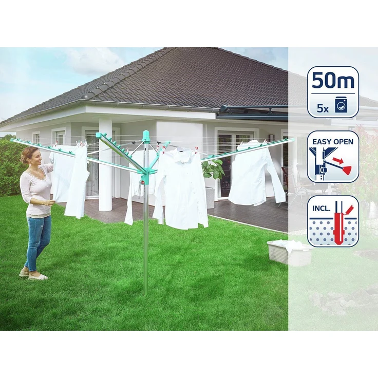Leifheit Linomatic 500 Easy Wäschespinne, inkl. Bodenhülse, autom. Leineneinzug, Easy-Lift-System, 50 m Leinenlänge, für 5 Waschladungen – Bild 5