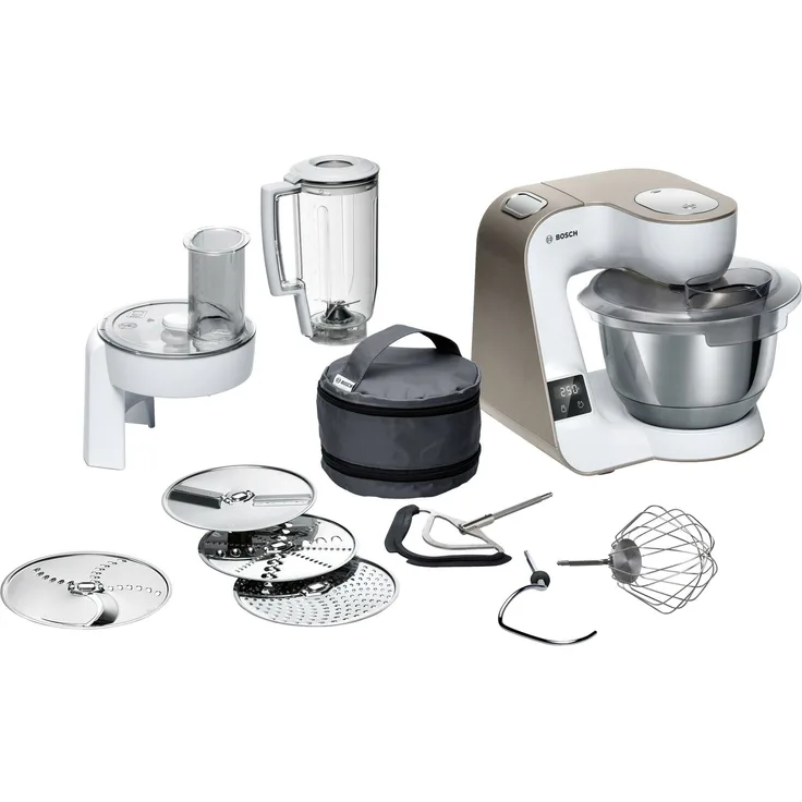 Bosch MUM5XW20 Küchenmaschine, 1000W, 3,9 L Edelstahlschüssel, inkl. Patisserie-Set, Durchlaufschnitzler, integrierte Waage, Standmixeraufsatz, weiß-champagner, Serie: MUM5