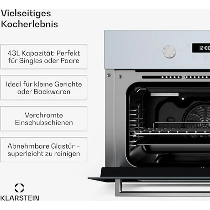 Klarstein SpaceSmart Einbaubackofen 41 L, 8 Funktionen, Dampfreinigung, Digitaler Timer, Energieklasse A, Kompaktes Design – Bild 3