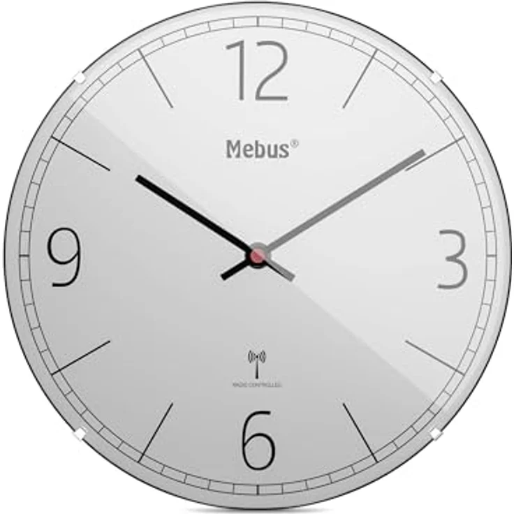 Mebus Funk-Wanduhr, lautlos, Kuppelglas, Rahmenlos, grau, Modell 12986 - Modernes Design und exakte Zeit – Bild 1