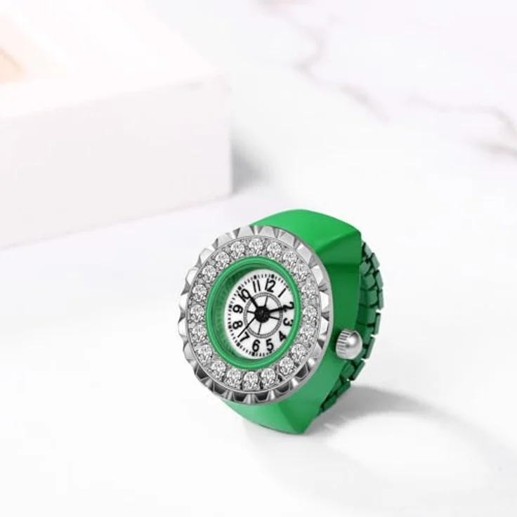 JewelryWe Ringuhr Damen, Elastisch mit Glitzer Strass, Rund Analog Quarz, 10m wasserdicht, Grüne Legierung – Bild 2