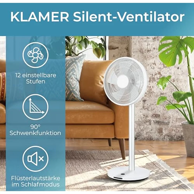 KLAMER Silent Ventilator, extra leiser DC Designventilator mit Fernbedienung, 12 Geschwindigkeitsstufen von lau bis turbo, Standventilator, Schlaf- & Eco-Modus, 8h Timer, autom. 90° Oszillation, weiß – Bild 2
