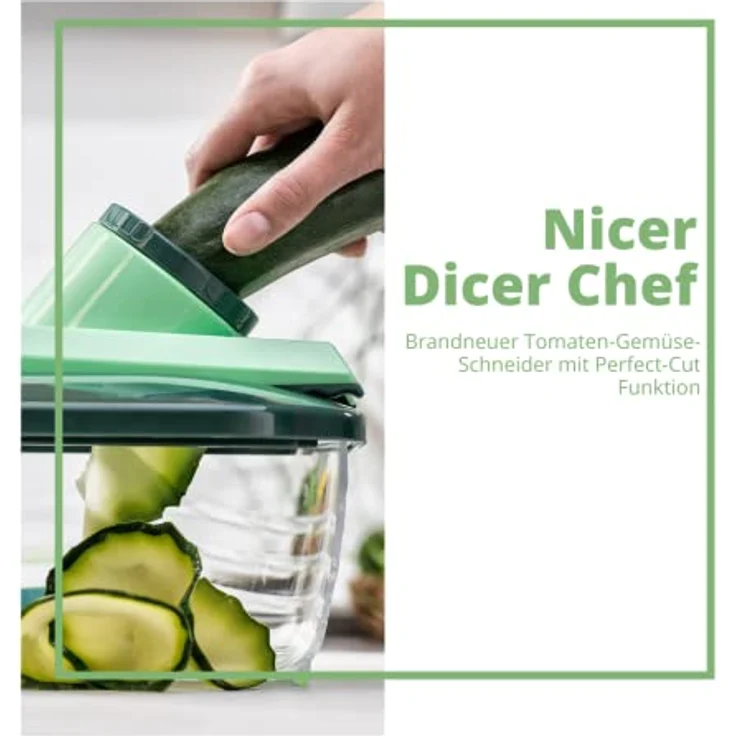 Genius Nicer Dicer Chef Deluxe XXL 37-teilig mit Glasschüssel-Set, Tomaten-Gemüse-Schneider & 3in1 Siebschüssel - Zerkleinerer Zwiebelschneider Pommesschneider, Grün – Bild 2
