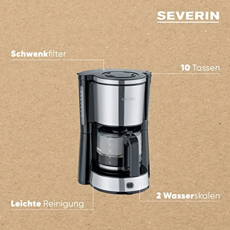 SEVERIN KA 4822 Type Kaffeemaschine (Für gemahlenen Filterkaffee, 10 Tassen, Inkl. Glaskanne) edelstahl-schwarz – Bild 5