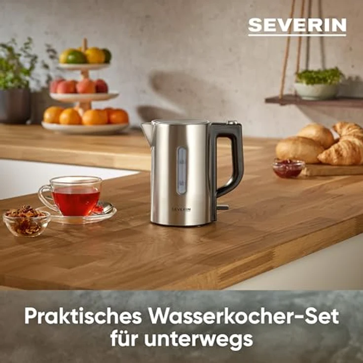 Severin WK 3647 Reise Wasserkocher, 1100W, 0,5l, mit 2 Kunststofftassen und 2 Löffeln, Edelstahl, silber – Bild 4
