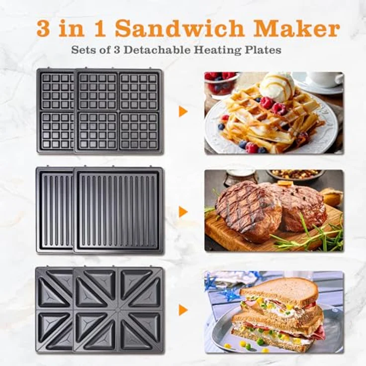 Taylor Swoden Bruno 3 in 1 Sandwichmaker, Waffeleisen, Backblech, 1200 W, für 4 Sandwiches, BPA-frei, Antihaft-Blech, 180° Wendung – Bild 3