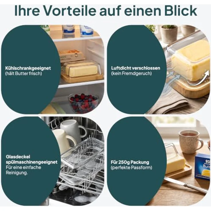 uandu Butterdose Glas mit Deckel für 250 g Butter – Borosilikatglas mit FSC-zertifiziertem Bambusboden und Spülmaschinenfestigkeit – Bild 4
