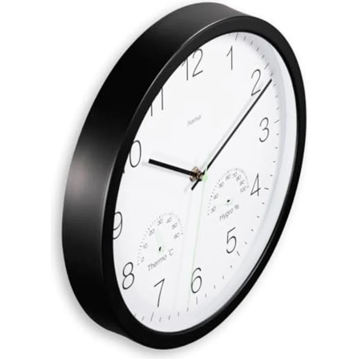 Hama Wanduhr "Santorini", geräuscharm, Ø 30cm, Schwarz, mit Thermo- und Hygrometer – Bild 3