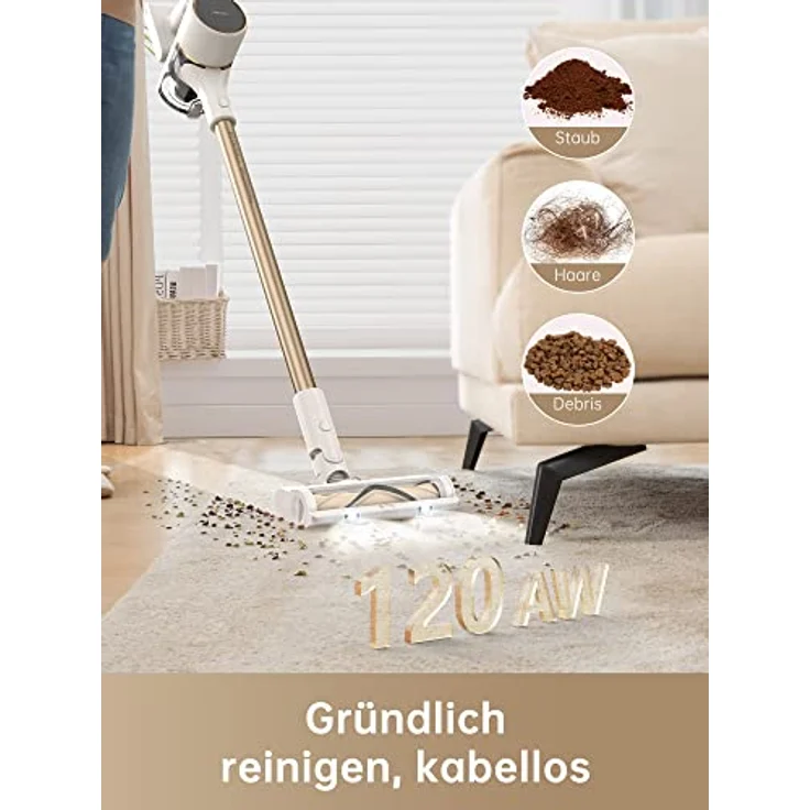 Dreame R10 Akku Staubsauger, 120AW Starke Saugkraft Staubsauger Kabellos, 60 Min Laufzeit, Bürste für Diverse Oberflächen mit LED-Licht, ideal für Hausreinigung, Tierhaare, Teppiche – Bild 3