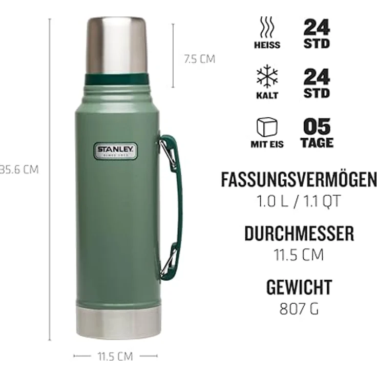 Stanley Legendary Classic Vakuum-Thermoskanne 1L, Hammertone Green, 18-8 Edelstahl Trinkflasche 1L, Vakuum-Isolierung, Auslaufsichere Thermosflasche, Integrierter Kaffeebecher Teekanne Thermo – Bild 2