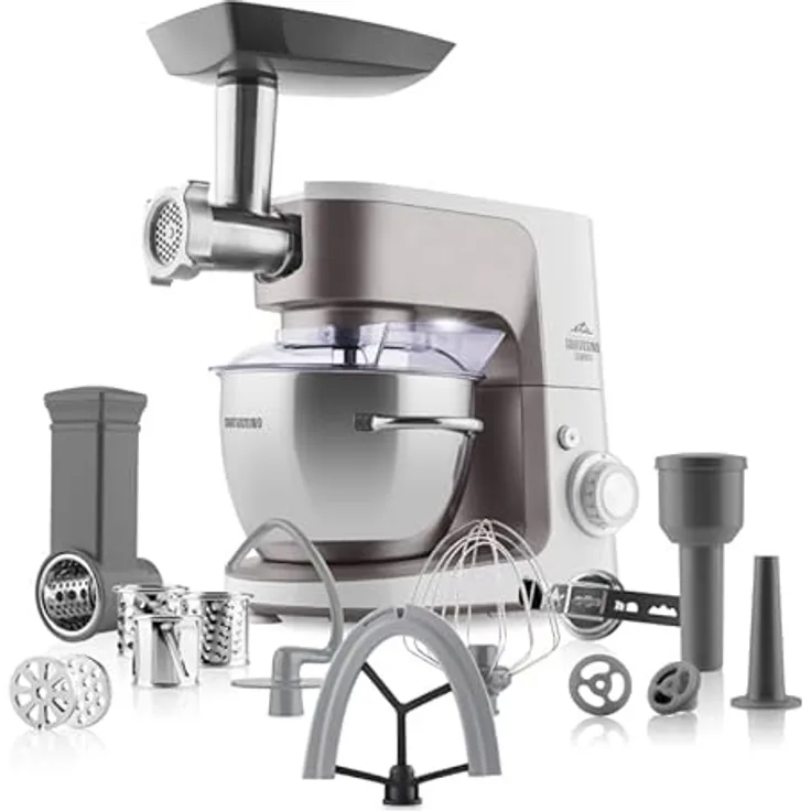 ETA Gratussino III Elements, Küchenmaschine 1200 W mit 4,5 L Edelstahlschüssel, Planetenrührwerk, Fleischwolf und stufenloser Geschwindigkeitsregelung, Silber