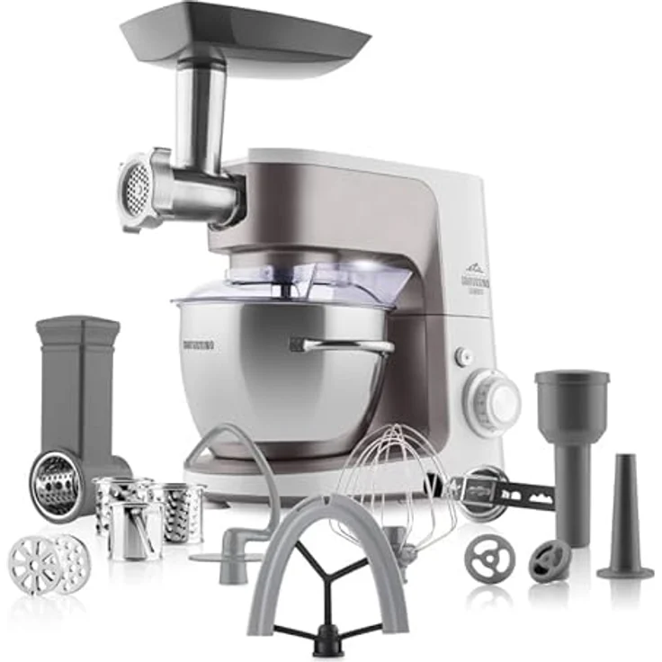 ETA Gratussino III Elements, Küchenmaschine 1200 W mit 4,5 L Edelstahlschüssel, Planetenrührwerk, Fleischwolf und stufenloser Geschwindigkeitsregelung, Silber – Bild 1