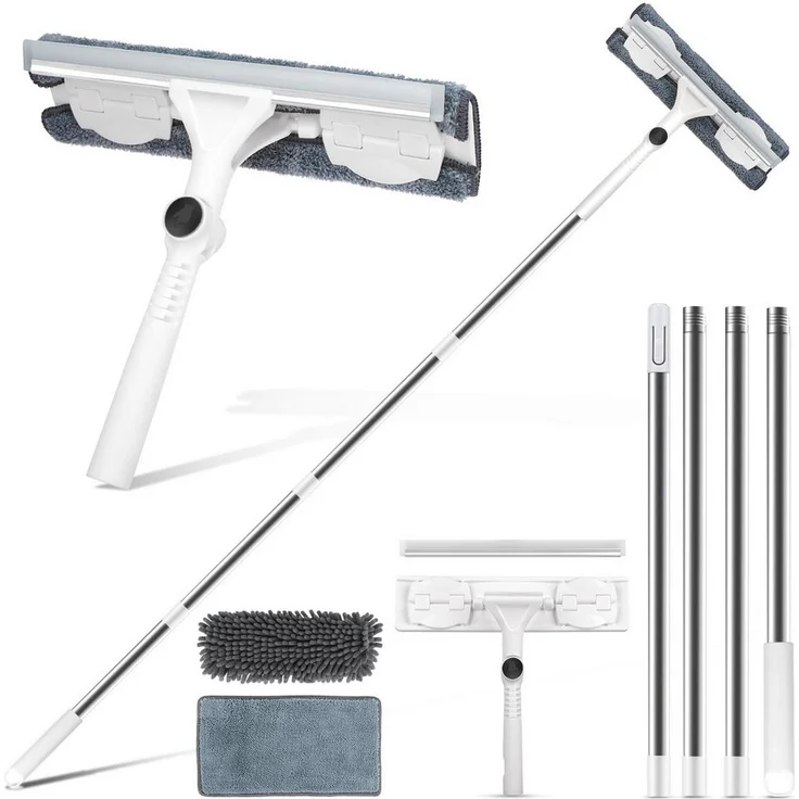 FOUORTUNATE-BEE 2-in-1 Teleskop Fensterreiniger Set, Flexibler Fensterputzer mit Mikrofaser-Schrubber und Gummiwischerblatt, 172 cm Teleskopstange