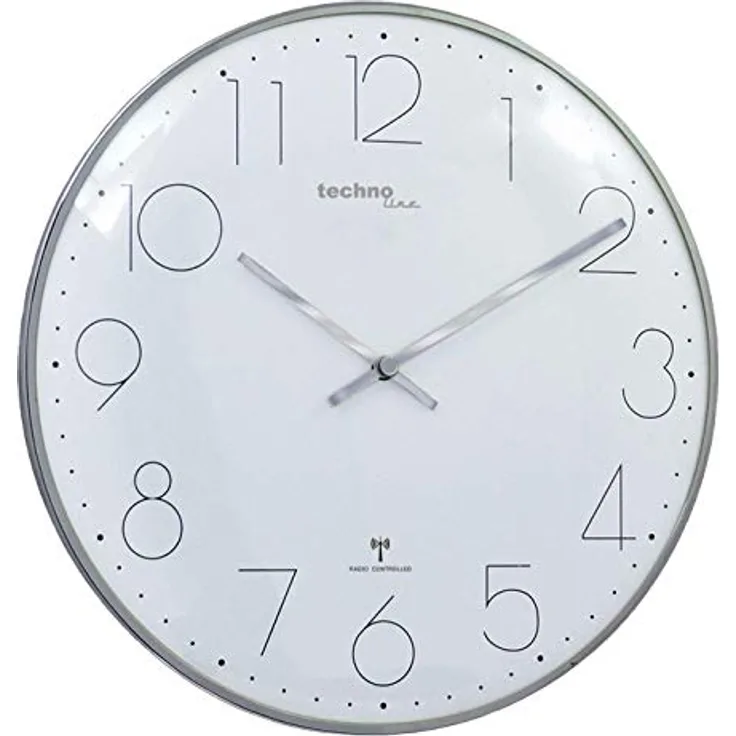 Technoline, moderne, filigrane Funkwanduhr mit gewölbter Glasabdeckung und einem sehr übersichtlichen Ziffernblatt, Ø 35 cm, Chrom - Optik, 35 x 2,5 x 35 cm