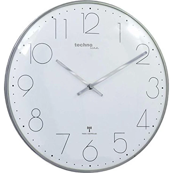 Technoline, moderne, filigrane Funkwanduhr mit gewölbter Glasabdeckung und einem sehr übersichtlichen Ziffernblatt, Ø 35 cm, Chrom - Optik, 35 x 2,5 x 35 cm – Bild 1